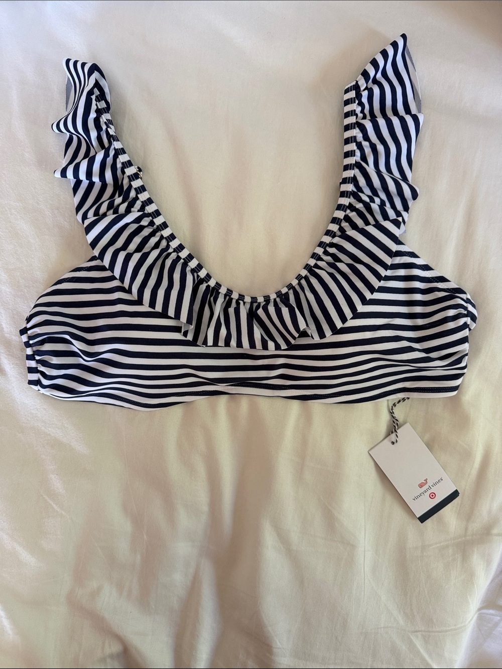 Vineyard Vines Navy Blue and White Striped Ruffled Bikini Top, size xl New!